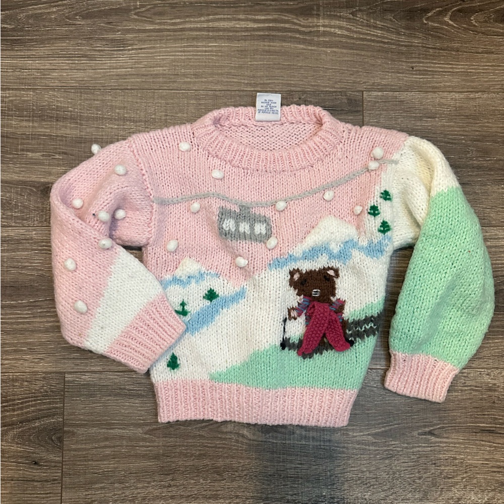 Vintage Popsicle 6 Cozy Pink and Mint Sweater with Bear Design